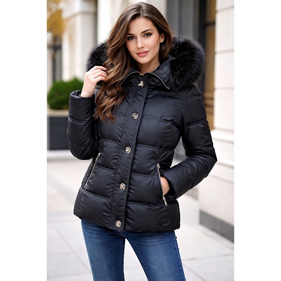 Coach Puffer Jacket Women Large Black Fur Hood Down Quilted Luxury Preppy - Picture 1 of 13